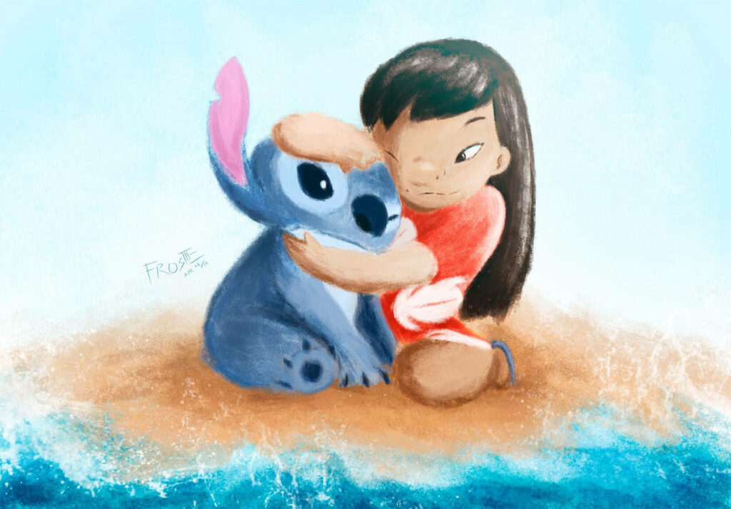 Charming Beach Wallpaper: Girl and Blue Alien in Pastel Art