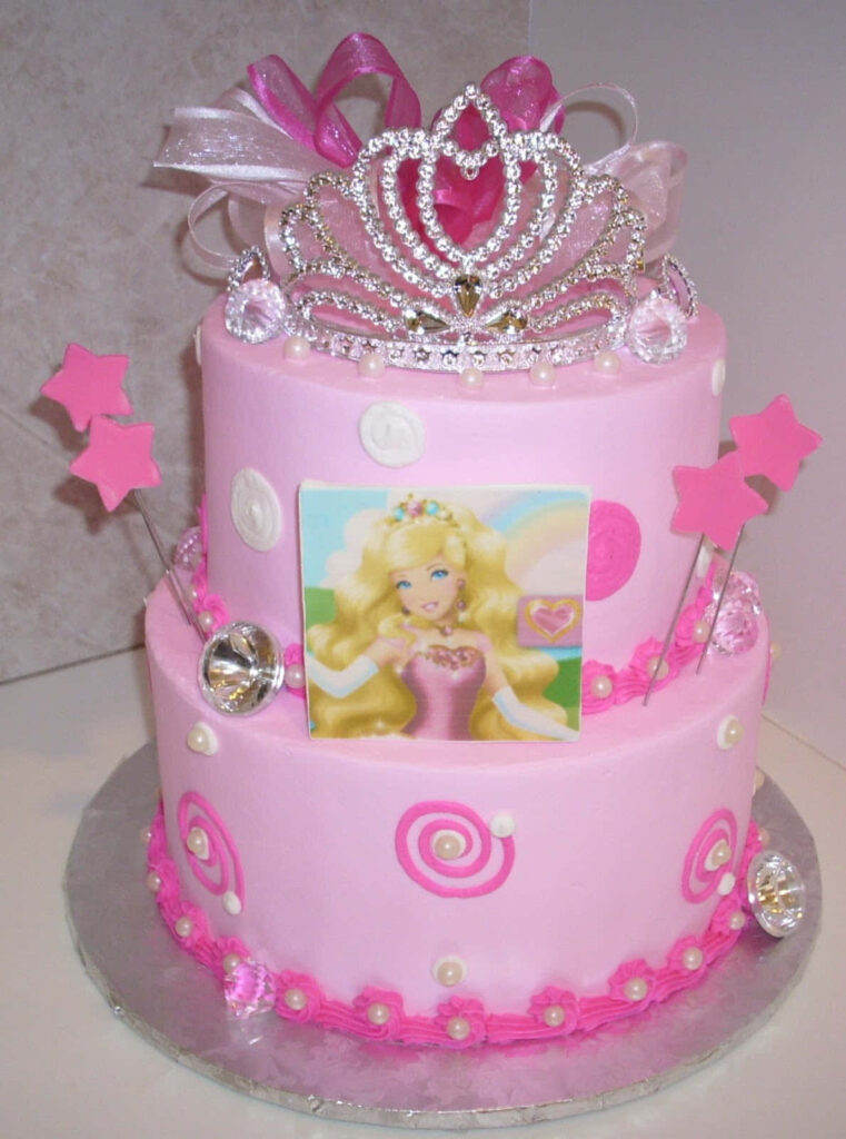 Whimsical Pink Birthday Cake Wallpaper with Tiara & Decorations
