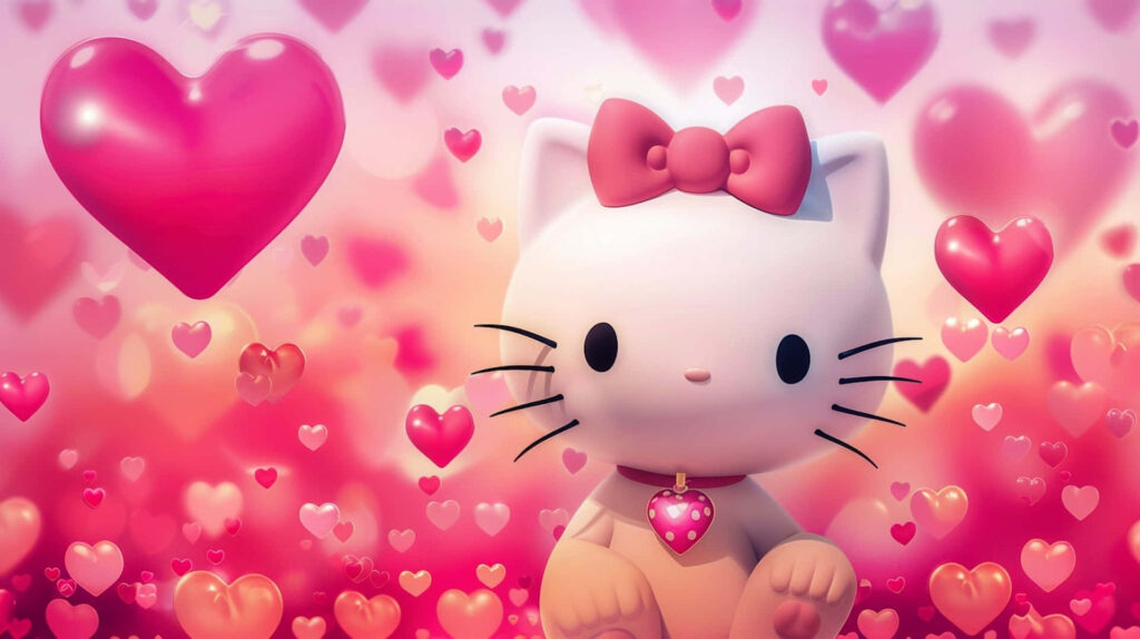 Charming Pink Bow Character with Floating Hearts Wallpaper