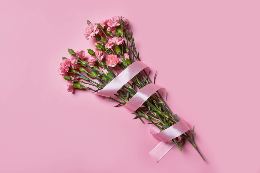 Charming Pink Carnations Bouquet Wallpaper with Satin Ribbon