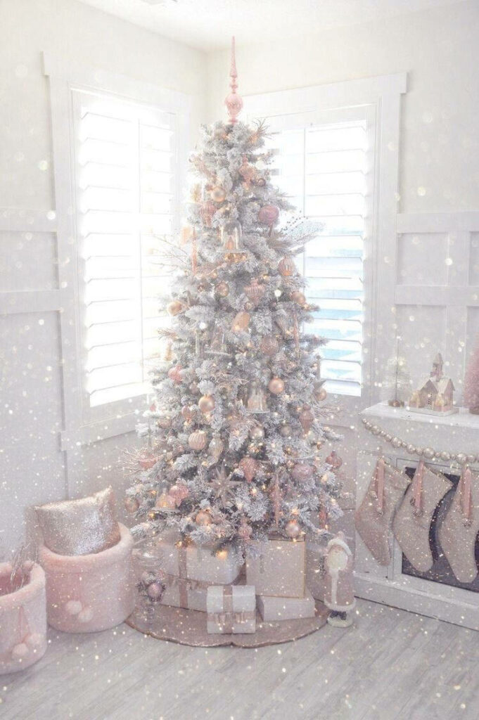 Charming Pink Christmas Tree: a Cozy Festive Scene Wallpaper