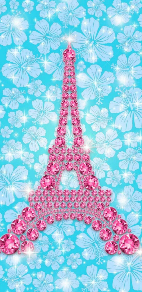 Charming Pink Eiffel Tower Wallpaper with Floral Patterns and Gems