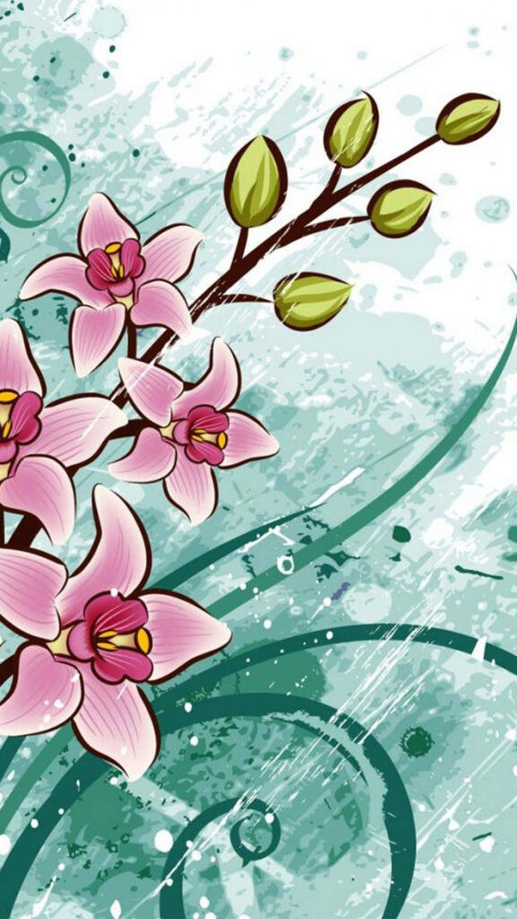Charming Teal Background with Pink Flower Illustration Wallpaper