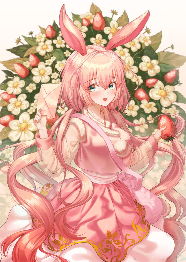 Vibrant Anime Wallpaper: Girl with Pink Hair & Rabbit Ears Among Flowers