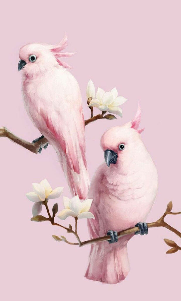 Charming Pink Lovebirds Wallpaper with Serene Floral Background