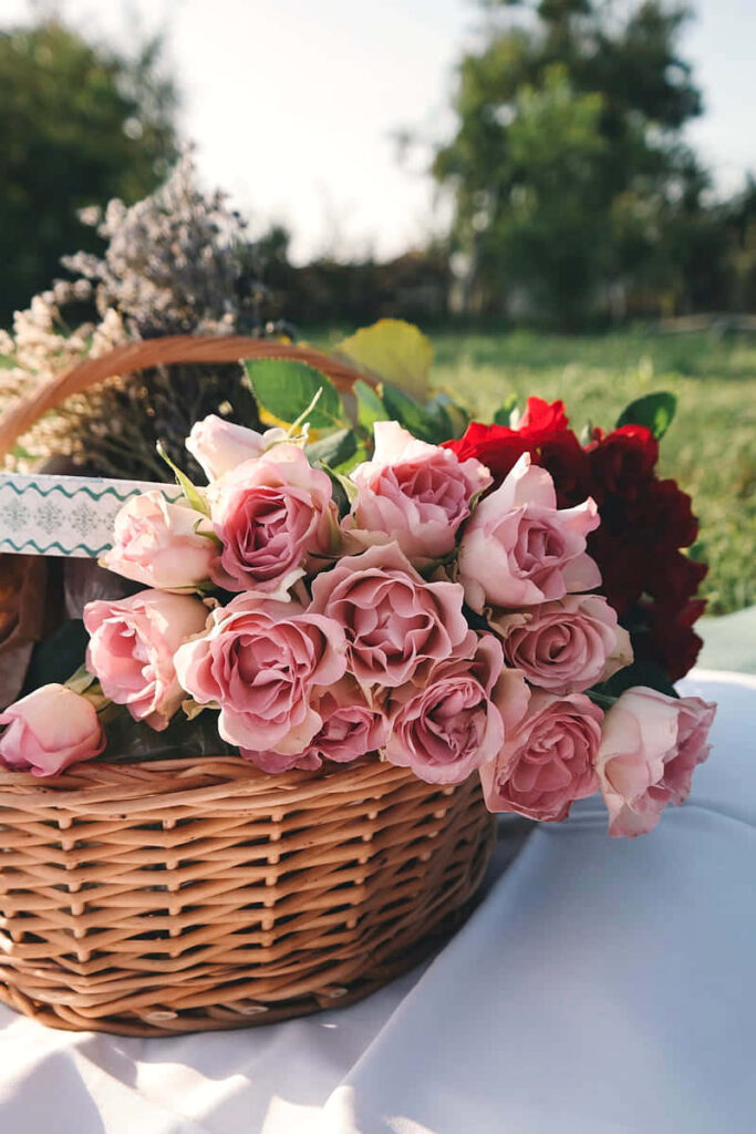 Charming Basket of Pink Roses in Serene Outdoor Setting Wallpaper