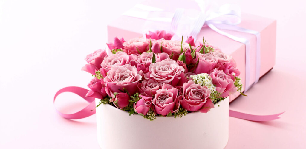Charming Pink Roses in White Box on Soft Pink Background Wallpaper