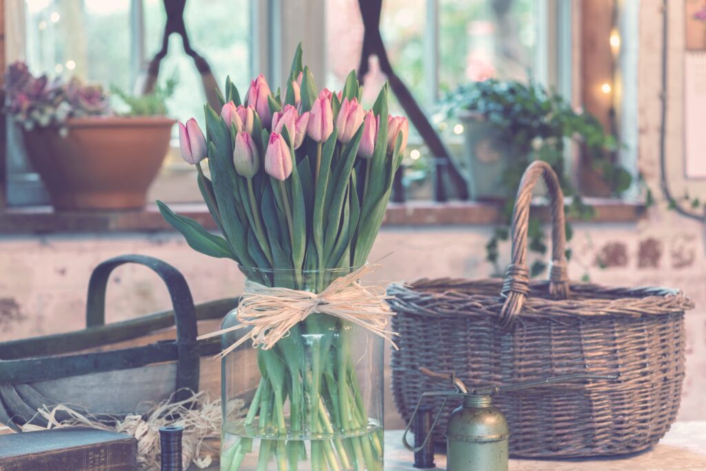 Charming Pink Tulip Bouquet in Glass Vase: Rustic Country Decor Wallpaper