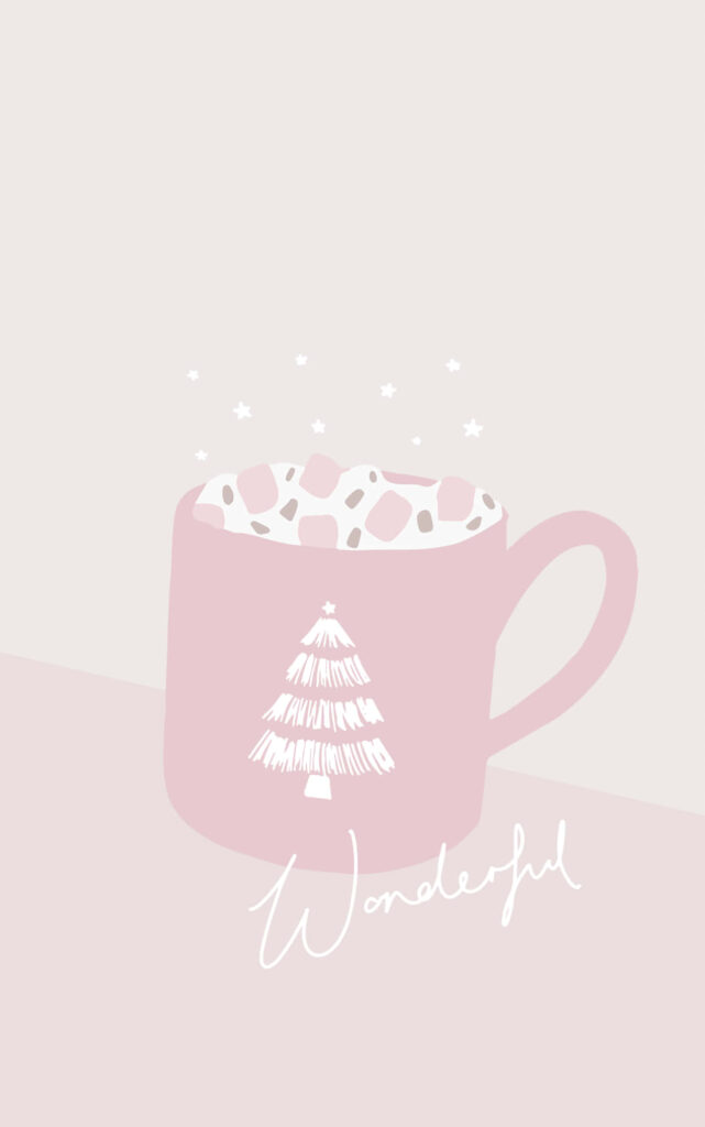 Charming Pink Background with Cozy Mug of Marshmallows & Tree Design Wallpaper