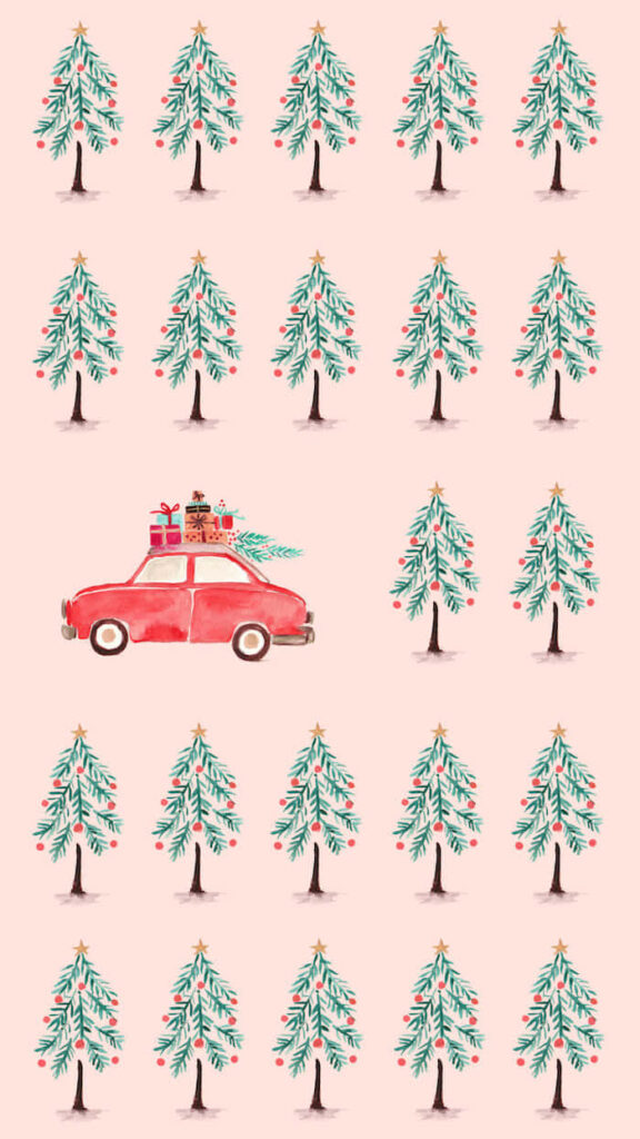 Charming Pink Wallpaper with Whimsical Red Car & Christmas Trees