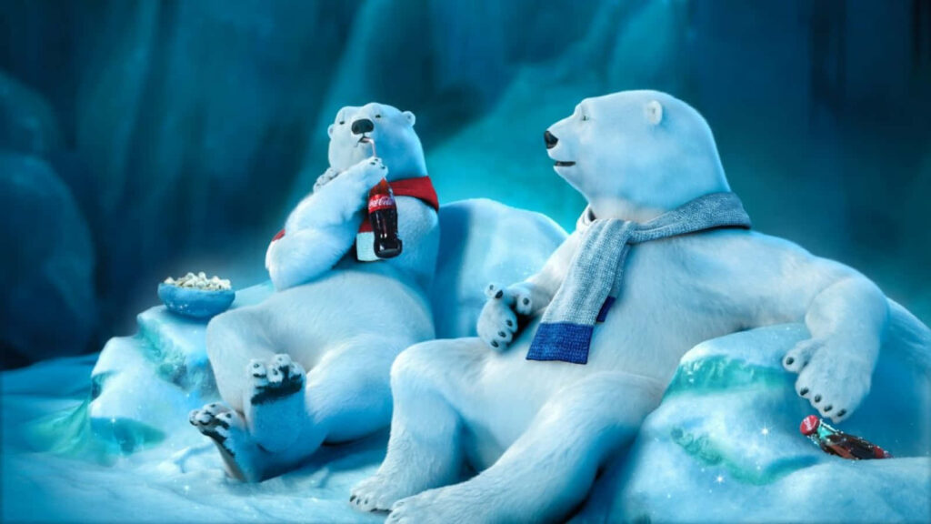 Charming Polar Bears in Icy Cave: Fun Wallpaper with Coke