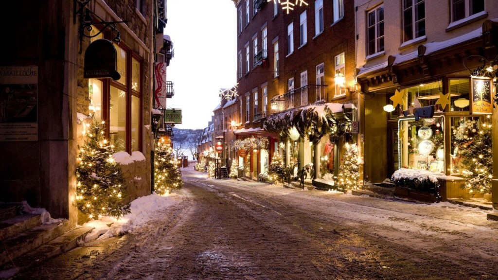 Charming Winter Quebec City: Festive Holiday Scene Wallpaper Background