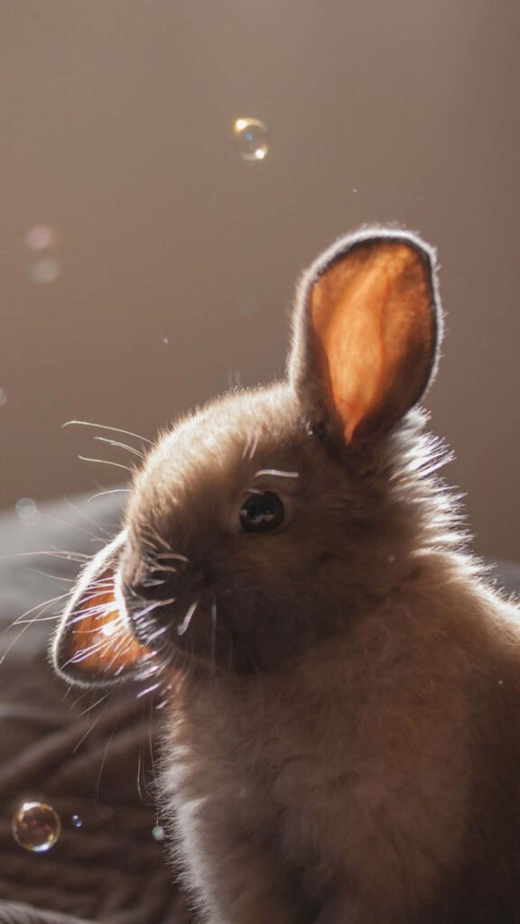 Serene Rabbit on Bed with Floating Bubbles - Soft Light & Charm Wallpaper