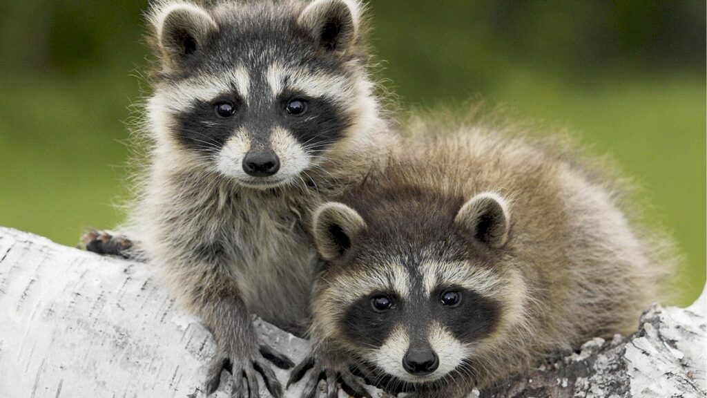 Charming Raccoons on Birch Log - Serene Nature Wallpaper