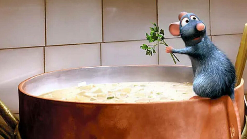 Charming Ratatouille Wallpaper: Remy with Basil in Cozy Kitchen