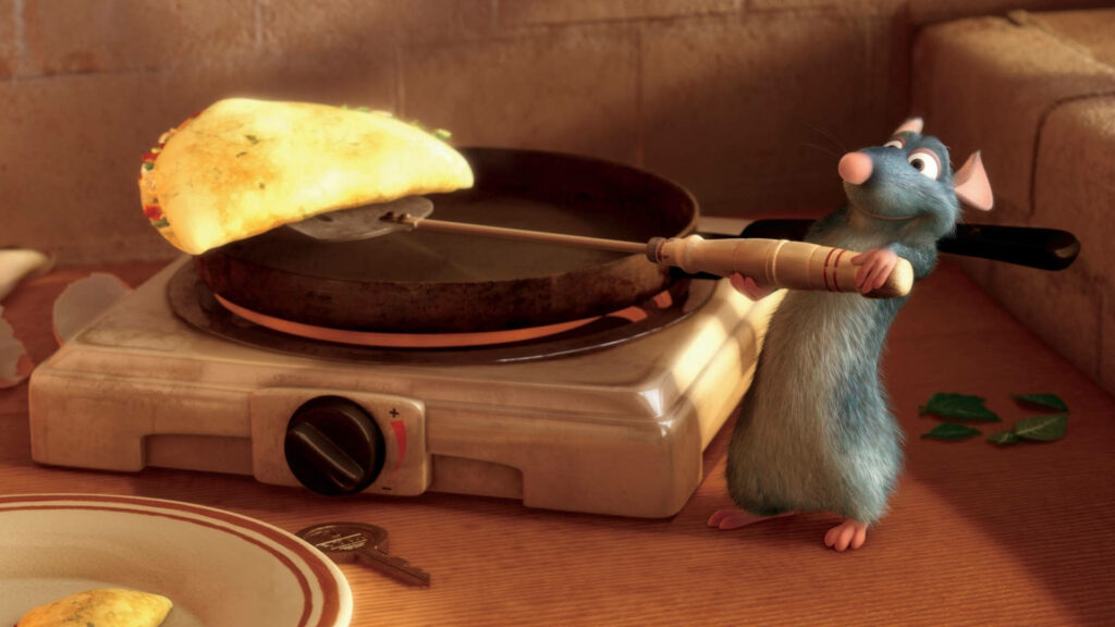 Charming Remy Wallpaper: Rat Chef Flipping Omelet in Kitchen