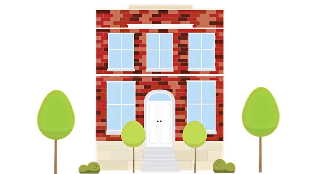 Charming Red Brick House Wallpaper with Greenery & White Windows