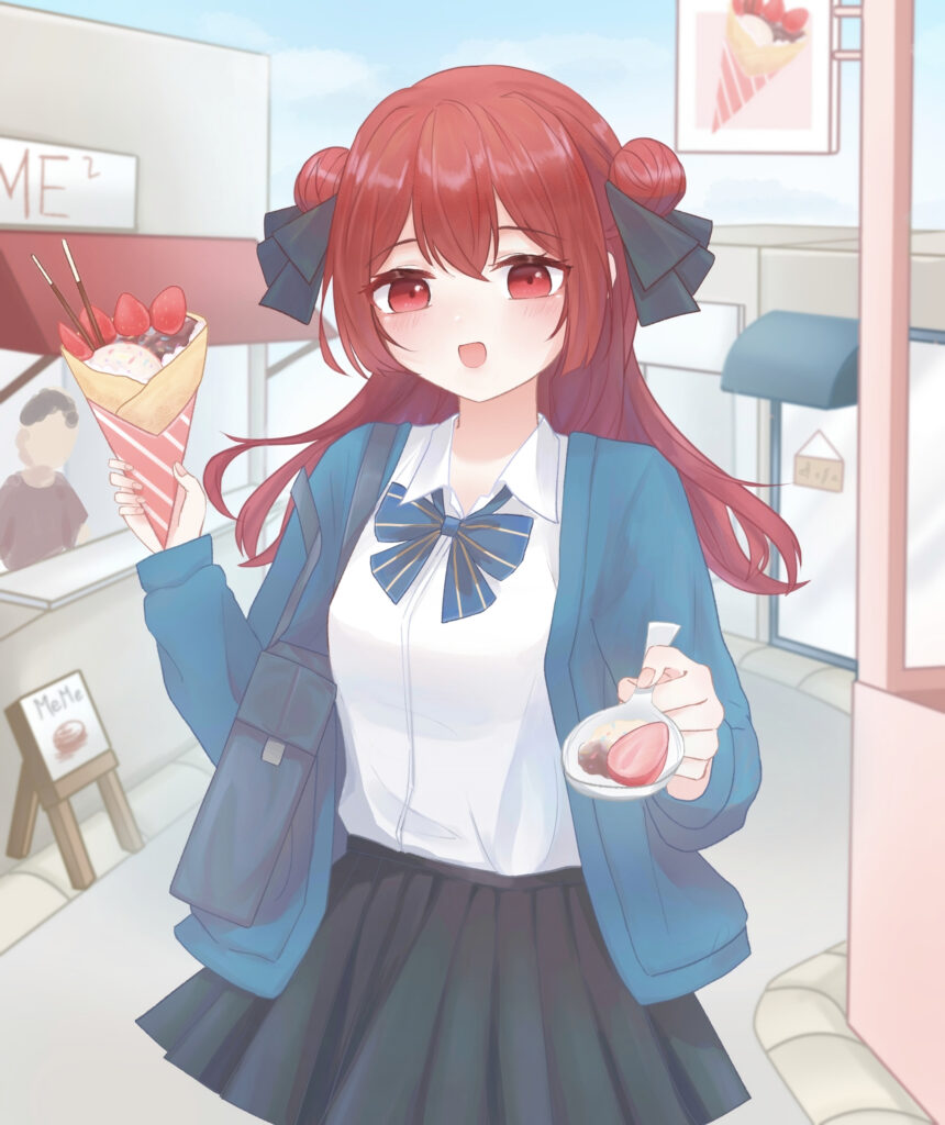 Charming Red-Haired Girl with Strawberry Crepe - Anime Wallpaper