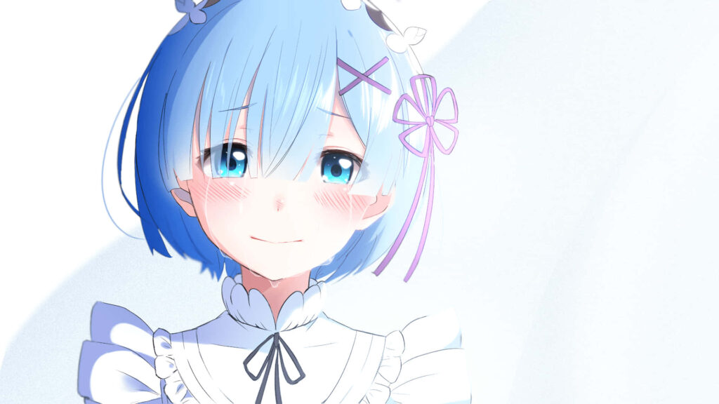 Charming Rem Wallpaper: Iconic Blue Hair & Warm Blush Background