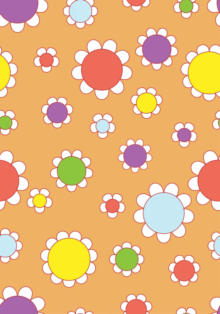 Vibrant Retro Floral Wallpaper on Warm Orange Background