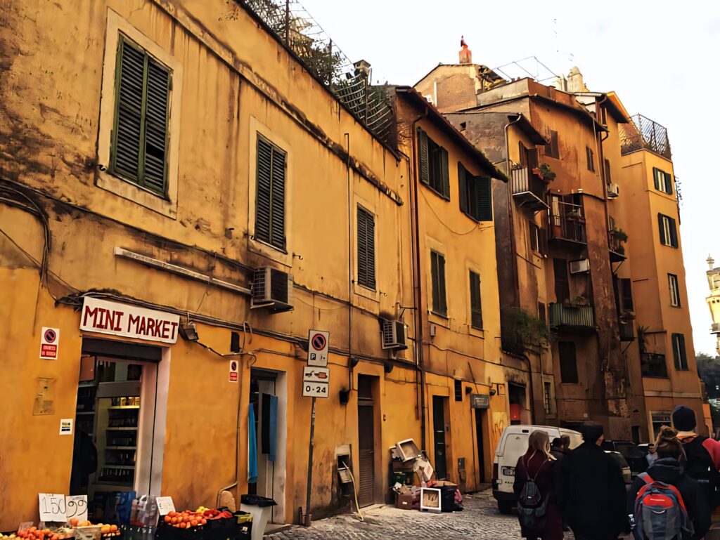 Charming Rome Market Wallpaper: Rustic Yellow Buildings & Lively Vibes