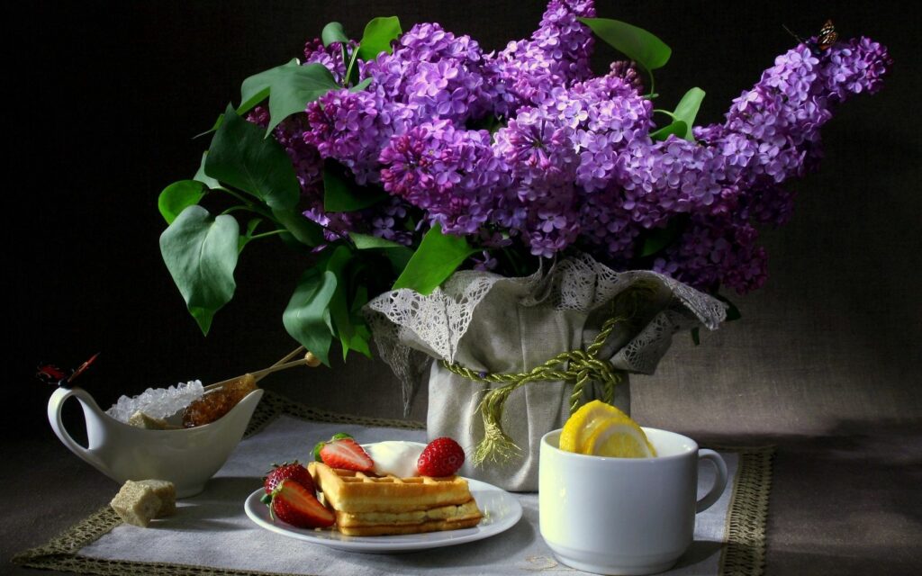 Rustic Lilac Still Life Wallpaper: Cozy Breakfast with Waffles