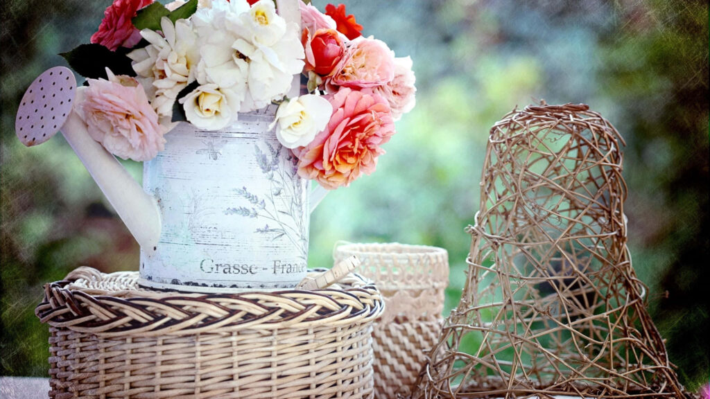 Charming Rustic Watering Can with Roses - Cozy Cottage Wallpaper 1440p