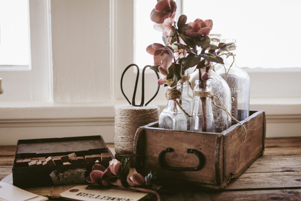 Rustic Floral Wallpaper: Vintage Bottles & Accessories Aesthetic