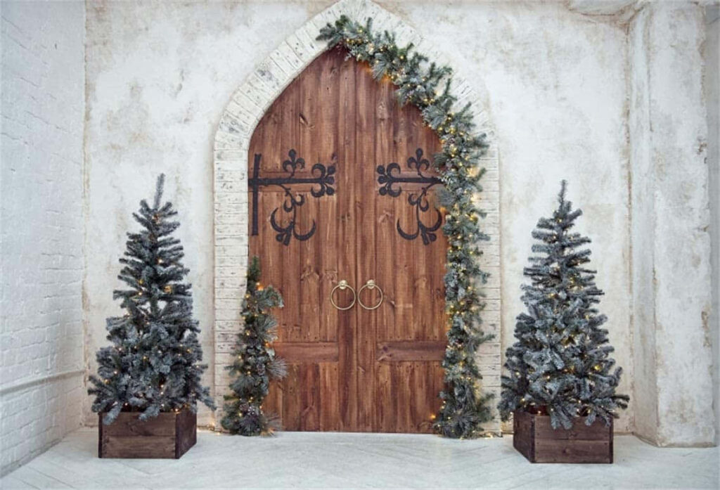 Charming Rustic Christmas Wallpaper with Wooden Door & Holiday Decor