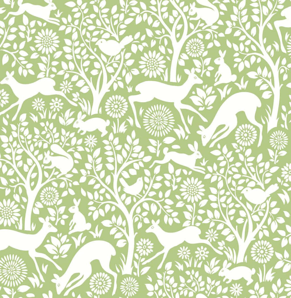 Charming White Animal and Floral Wallpaper on Sage Green Background