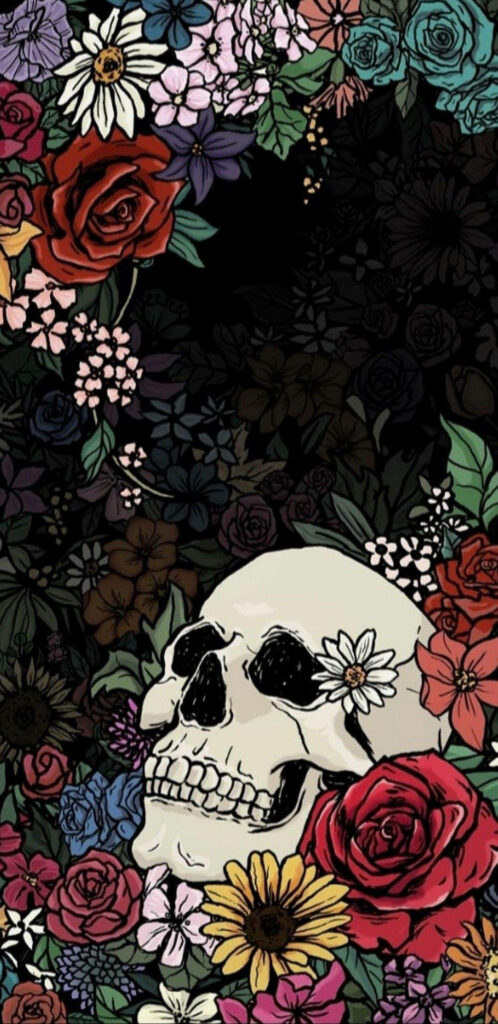 Whimsical Skeleton Wallpaper with Colorful Floral Background
