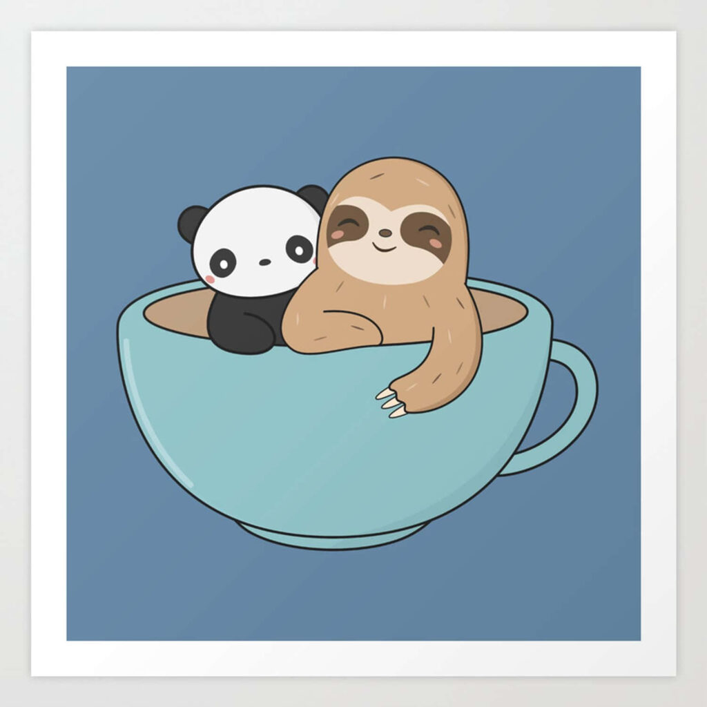 Charming Sloth & Panda Teacup Wallpaper: Whimsical Blue Background