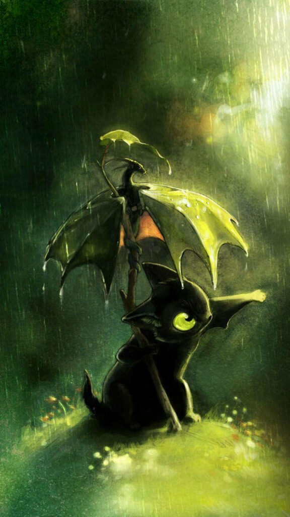 Adorable Small Dragon with Leaf Umbrella: Dreamy iPhone Wallpaper