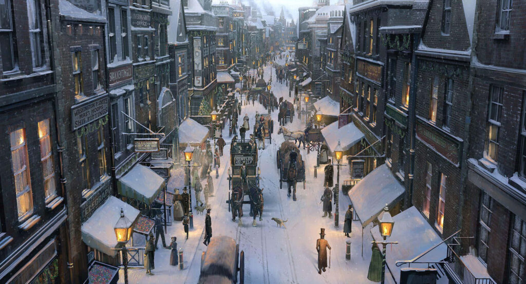 Snowy Urban Scene: Vintage Street Life Wallpaper Background