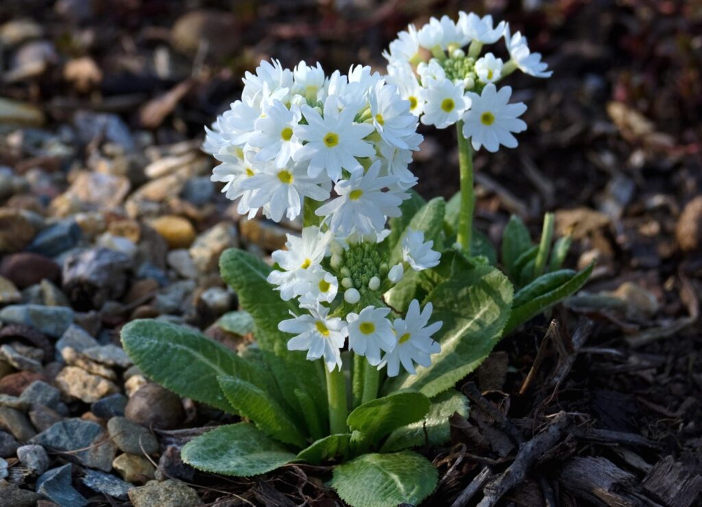 Close-Up of Snow-White Primrose Flowers on Rocky Soil Background Wallpaper