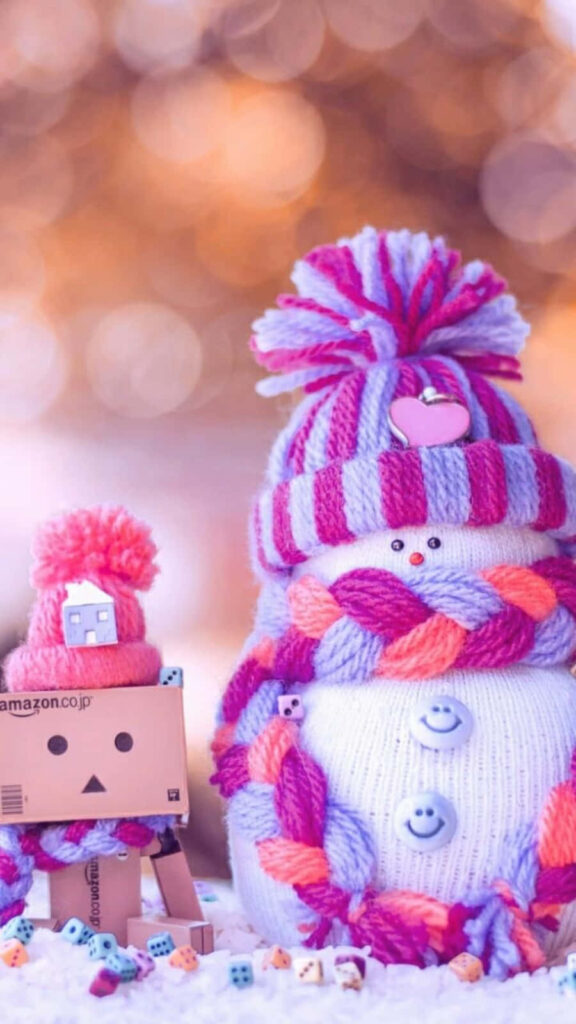 Charming Christmas Wallpaper: Cute Snowman & Robot in Cozy Bokeh
