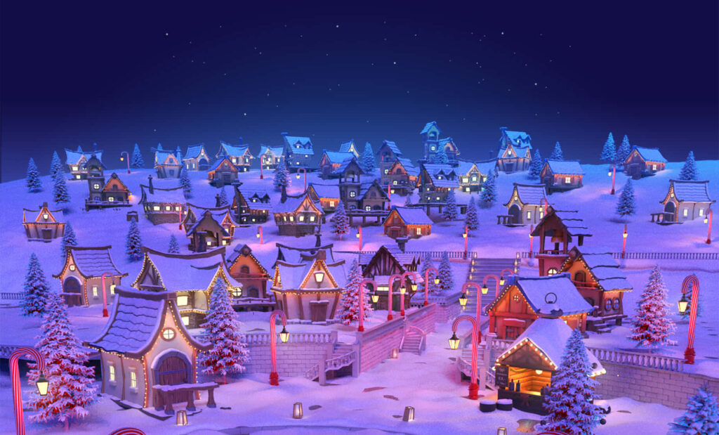 Charming Snowy Village Wallpaper: Cozy Christmas Lights & Trees