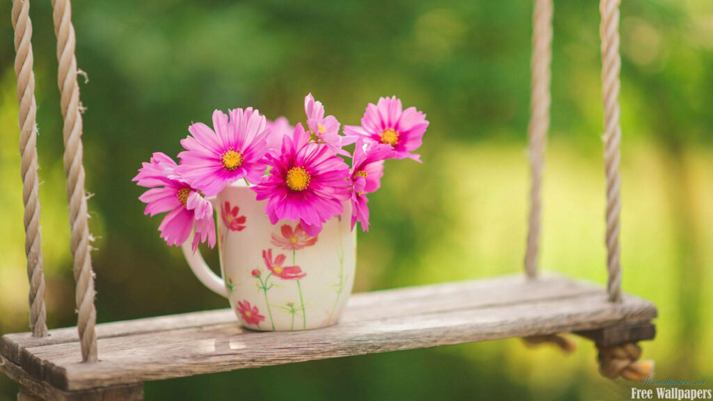 Charming Floral Mug Wallpaper: Vibrant Spring Flowers on Swing Set