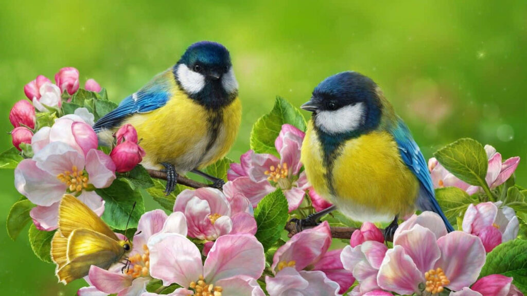 Charming Spring Wallpaper: Birds & Blooming Flowers in Serene Green