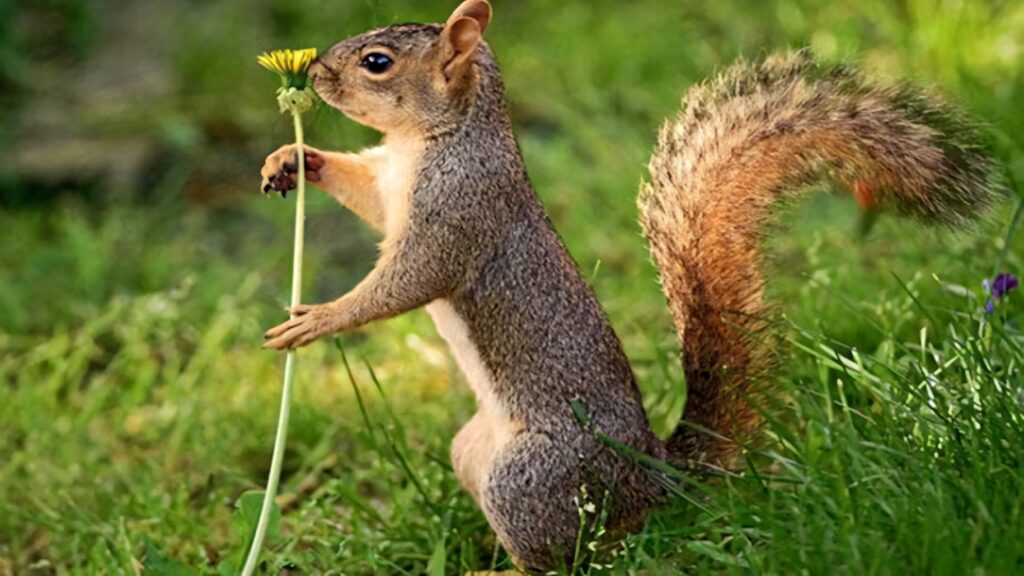 Charming Squirrel Wallpaper: Whimsical Nature Scene with Yellow Flower