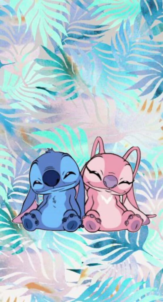 Charming Stitch & Angel Wallpaper with Tropical Leaf Background