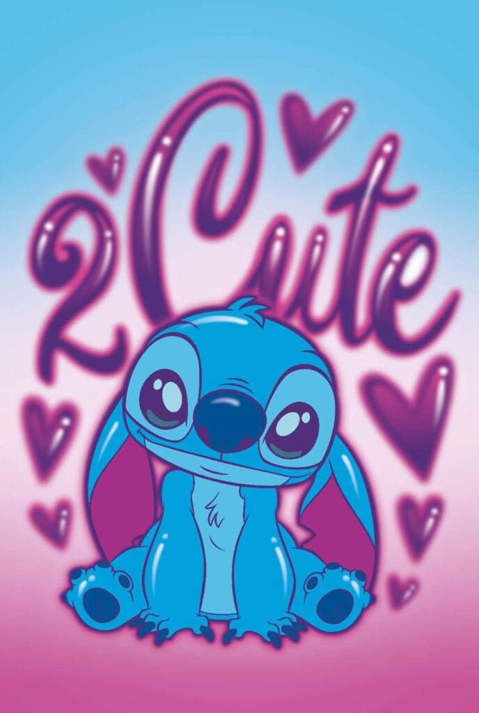 Charming Stitch Illustration with Gradient Background & Heart Symbols Wallpaper