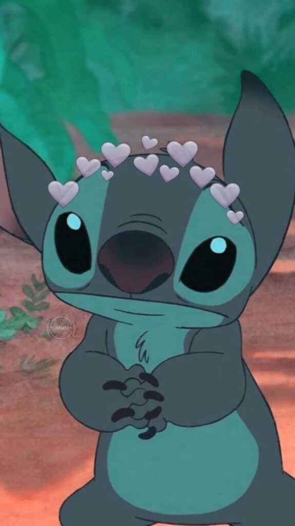 Whimsical Stitch Wallpaper: Adorable Character with Floating Hearts