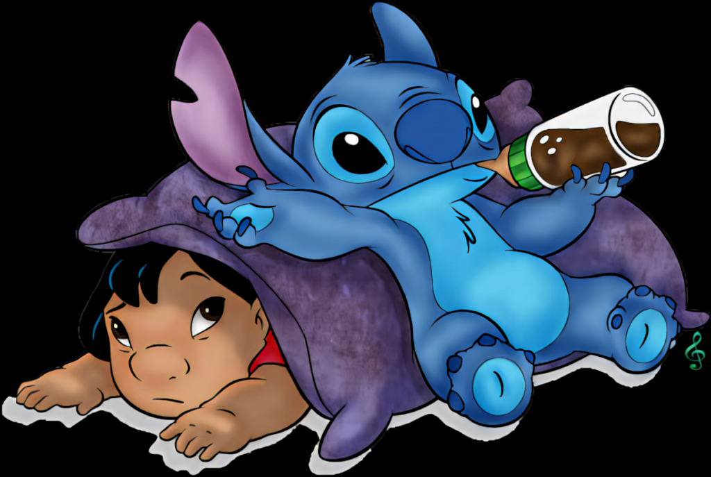 Charming Stitch Wallpaper: Cozy Scene with Friends Under Purple Blanket