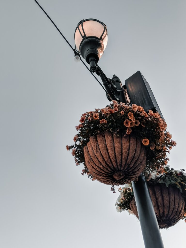 Charming Street Scene with Floral Lamppost - Serene Ambiance Wallpaper