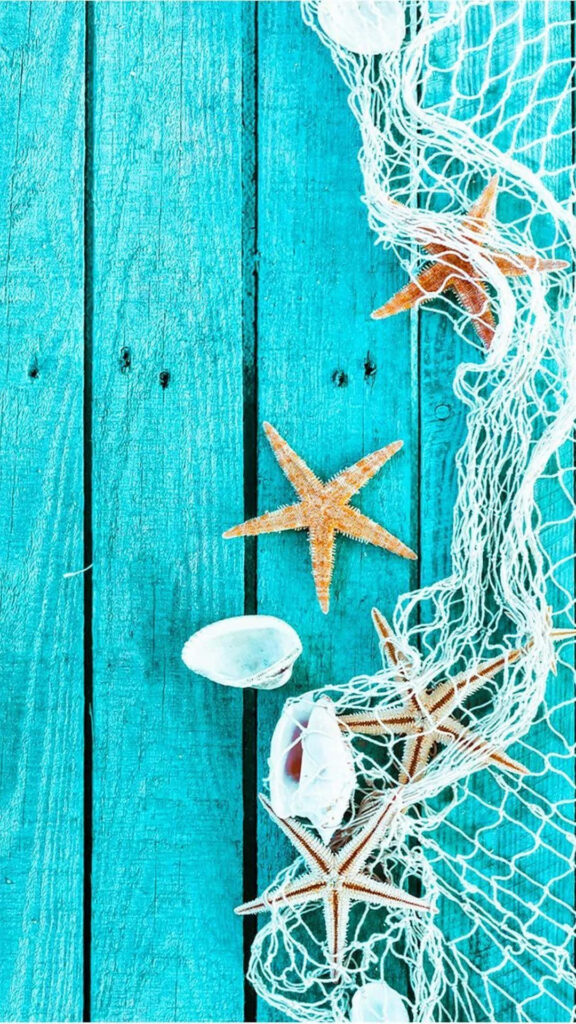 Teal Starfish & Seashell iPhone Wallpaper on Rustic Wood Background