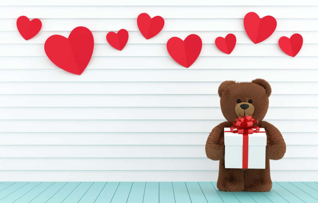 Charming Teddy Bear Wallpaper with Gift Box & Heart Decor