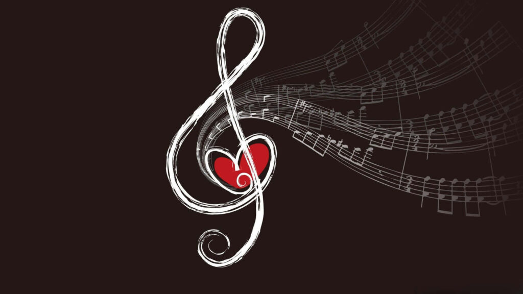 Charming Treble Clef Wallpaper: Heart & Musical Notes on Black