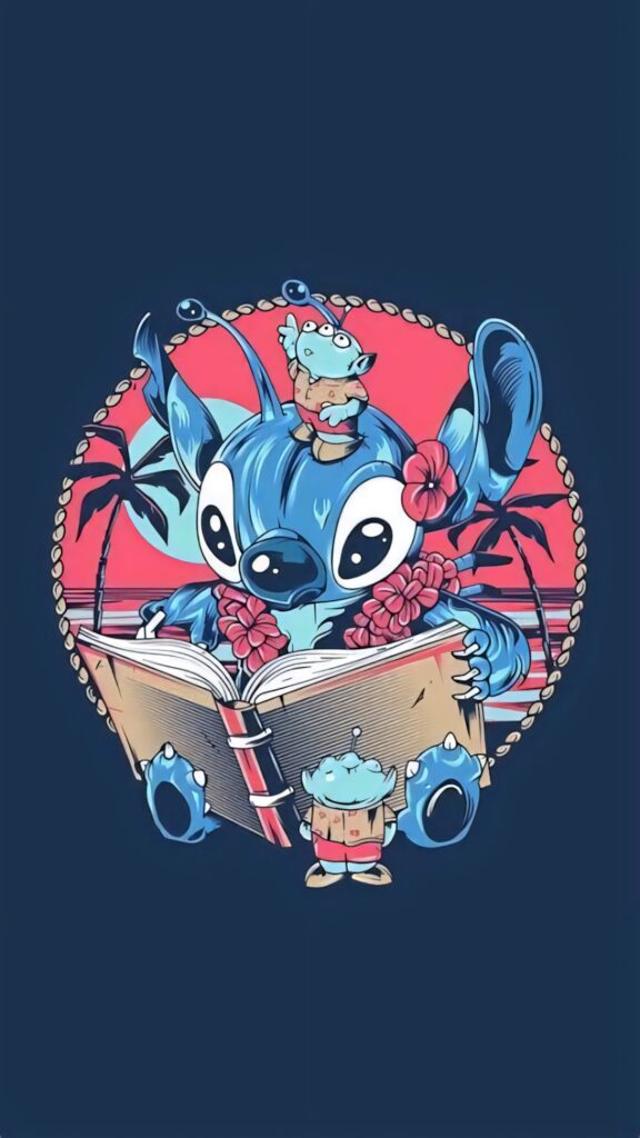 Cute Character with Big Ears Reading in Tropical Aesthetic Wallpaper