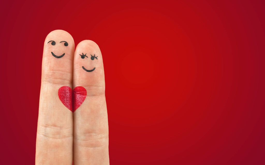 Cheerful Wallpaper: Smiley Fingers & Heart on Vibrant Red Background